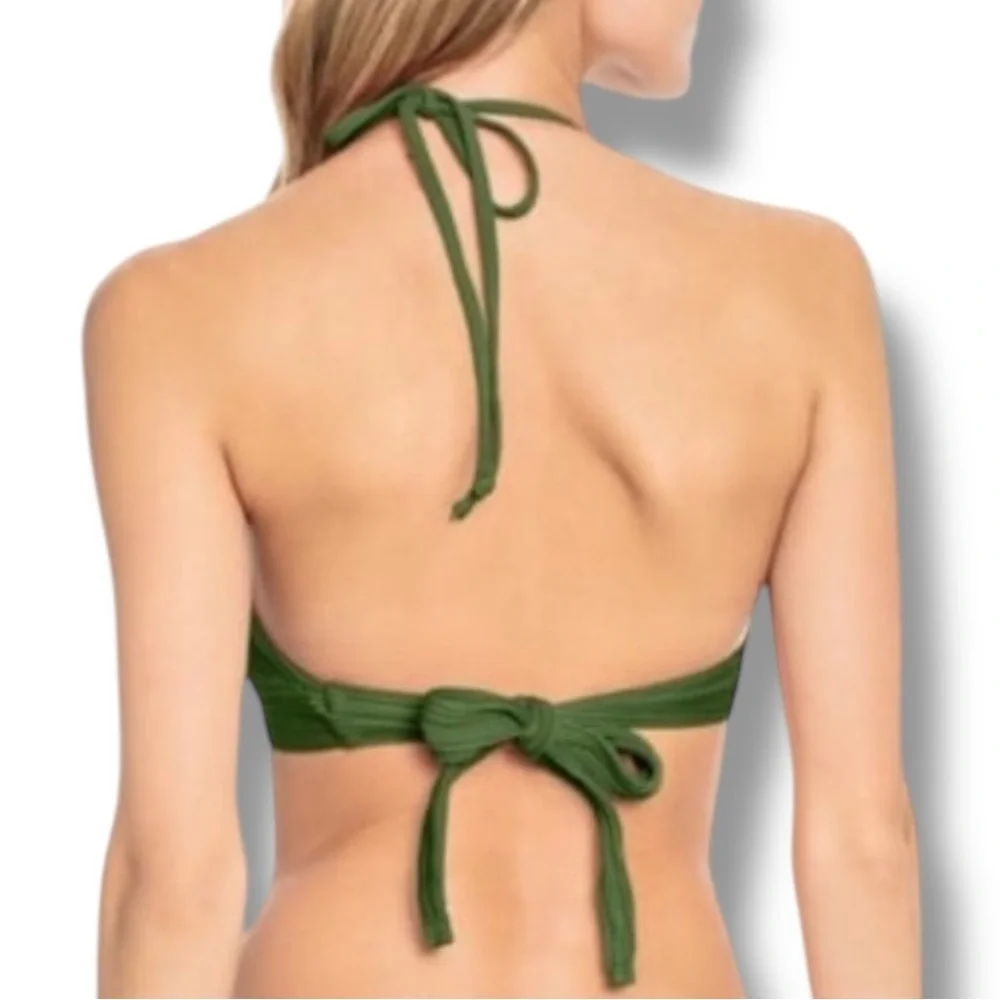 Robin Piccone Lily Ribbed Halter Triangle Bikini Top Basil Green L NWOT